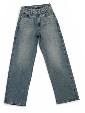 American Eagle Strigid Curvy Super High-Rise Baggy Straight Jeans w/Rhinestones